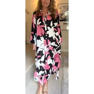 Natori Floral Maxi Dress Pink Black White Kaftan Button Front Long Sleeve XL